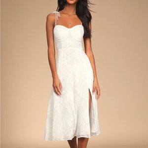 Loveliest Looks White Floral Jacquard Tie-Strap Midi Dress from Lulu’s